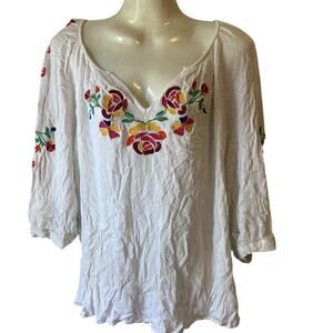Mercer Madison Women 1X White Floral Embroidered Tunic Blouse 3/4 Sleeve Gauze